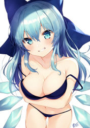 Rule 34 | 1girl, aged up, alternate breast size, alternate hair length, alternate hairstyle, bare shoulders, bikini, blue bikini, blue bow, blue eyes, blue hair, blush, bow, breast hold, breasts, cirno, cleavage, clenched teeth, collarbone, commentary request, cowboy shot, hair between eyes, hair bow, heart, heart-shaped pupils, highres, ice, ice wings, large breasts, leaning forward, long hair, navel, nenobi (nenorium), signature, simple background, solo, stomach, strap slip, swimsuit, symbol-shaped pupils, teeth, thigh gap, touhou, white background, wings