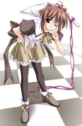 Rule 34 | 1girl, black thighhighs, bow, breasts, brown hair, checkered floor, cleavage, full body, hand on own hip, hat, kiba satoshi, one eye closed, perspective, red eyes, ribbon, solo, standing, thighhighs, wink, zettai ryouiki