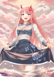 Rule 34 | 1girl, :d, alternate costume, blush, breasts, clothes lift, cloud, cloudy sky, commentary, darling in the franxx, fangs, floral print, green eyes, hair ornament, hairband, hanbok, highres, horns, korean clothes, long hair, long sleeves, looking at viewer, medium breasts, michelan, oni horns, open mouth, pink hair, sky, smile, solo, teeth, upper teeth only, wading, zero two (darling in the franxx)