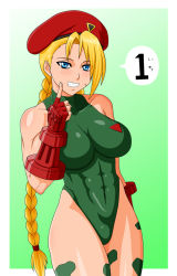 Rule 34 | 1girl, ass, beret, blonde hair, blue eyes, braid, breasts, cammy white, capcom, female focus, fingerless gloves, gloves, gradient background, hat, highres, large breasts, leotard, long hair, makani kohitujito, solo, street fighter, swimsuit, twin braids
