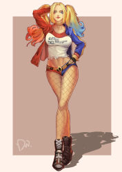 Rule 34 | 1girl, absurdres, blonde hair, blue hair, breasts, dc comics, full body, harley quinn, highres, makeup, medium breasts, multicolored hair, pantyhose, pantyhose under shorts, pink hair, short shorts, shorts, solo, suicide squad, thighs, torn clothes, torn pantyhose