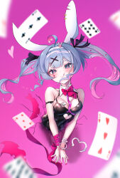 Rule 34 | 1girl, :q, absurdres, animal ears, bare shoulders, black leotard, blue eyes, blue hair, blush, bow, bowtie, breasts, broken handcuffs, card, cleavage, closed mouth, detached collar, fake animal ears, floating hair, hatsune miku, highres, hole in wall, large breasts, leotard, long hair, looking at viewer, nail polish, own hands together, pink pupils, playboy bunny, playing card, rabbit ears, rabbit hole (vocaloid), red bow, red bowtie, red nails, ribbon, sidelocks, smile, solo, teardrop facial mark, terra bose, through wall, tongue, tongue out, vocaloid, wrist ribbon