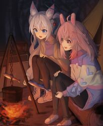 Rule 34 | 2girls, ahoge, animal ear fluff, animal ears, black pants, blue eyes, bow, braid, campfire, camping, cherry hair ornament, cooking, fish, food-themed hair ornament, fox ears, fox girl, grey hair, hair bow, hair ornament, halo, heart, heart hair ornament, highres, holding, holding skewer, indie virtual youtuber, kirsche verstahl, kiukoma, multicolored clothes, multicolored sweater, multiple girls, night, open mouth, pants, phase connect, pink eyes, pipkin pippa, pom pom (clothes), purple bow, rabbit ears, rabbit girl, second-party source, sitting on log, skewer, sweater, tent, twintails, virtual youtuber