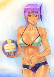 Rule 34 | 1girl, ayane (doa), ball, bare shoulders, bikini, bikini top only, breasts, bubuzuke, cleavage, cowboy shot, dead or alive, dead or alive 5, hair ribbon, headband, holding, holding ball, large breasts, lips, navel, open mouth, parted lips, pink eyes, purple hair, red eyes, ribbon, short hair, shorts, solo, standing, sweat, swimsuit, tan, tecmo, volleyball (object)