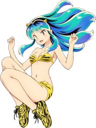 Rule 34 | 1girl, aqua hair, bikini, breasts, cone horns, floating hair, full body, highres, horns, long hair, lum, medium breasts, navel, non-web source, official art, oni, open mouth, orange eyes, photoshop (medium), pointy ears, shoes, sneakers, solo, strapless, strapless bikini, swimsuit, tiger stripes, transparent background, urusei yatsura, w arms