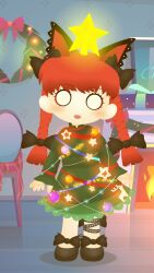 Rule 34 | 1girl, :d, adapted costume, animal ears, bloom, bow, braid, cat ears, chibi, christmas tree, christmas tree costume, dress, empty eyes, full body, green dress, highres, kaenbyou rin, kouki (nowlearning), kouki ht, looking at viewer, open mouth, red hair, smile, solo, standing, star (symbol), touhou, twin braids