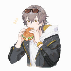 Rule 34 | 1boy, :t, black jacket, black sleeves, bracelet, burger, caelus (honkai: star rail), caelus (world tour 2023) (honkai: star rail), closed mouth, commentary, eating, eyewear on head, food, glasses, grey hair, hair between eyes, holding, holding food, honkai: star rail, honkai (series), jacket, jewelry, looking at food, male focus, open clothes, open jacket, rowya, shirt, short hair, signature, simple background, solo, symbol-only commentary, trailblazer (honkai: star rail), upper body, white background, white shirt, yellow eyes