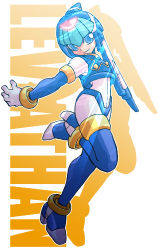 Rule 34 | 1girl, android, blue eyes, boots, character name, full body, gloves, head tilt, high heels, leg up, fairy leviathan (mega man), light rays, lowres, outstretched arm, mega man (series), mega man zero (series), simple background, smile, solo, standing, thigh boots, thighhighs, white gloves