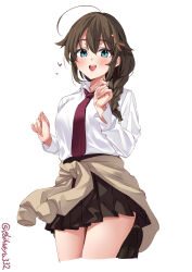 Rule 34 | 1girl, ahoge, alternate costume, black skirt, blue eyes, blush, braid, braided ponytail, clothes around waist, collared shirt, cropped legs, dress shirt, ebifurya, hair ornament, hands up, heart, highres, kantai collection, long hair, long sleeves, looking at viewer, miniskirt, necktie, one-hour drawing challenge, open mouth, pleated skirt, school uniform, shigure (kancolle), shirt, simple background, skirt, solo, sweater, sweater around waist, thighs, twitter username, white background, white shirt