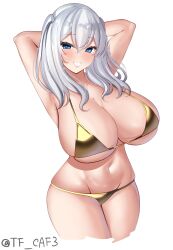Rule 34 | 1girl, alternate breast size, alternate hairstyle, arms behind head, bikini, breasts, cleavage, cowboy shot, cropped legs, gold bikini, grey eyes, grey hair, grin, groin, highres, huge breasts, kantai collection, kashima (kancolle), lowleg, lowleg bikini, simple background, smile, solo, swimsuit, tf cafe, twitter username, two side up, wavy hair, white background