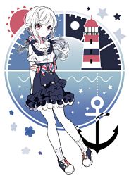 Rule 34 | 1girl, anchor symbol, arm behind back, blue eyes, blue skirt, bow, buttons, colored skin, commentary, dot nose, elina (e2n04n), flower (symbol), frilled skirt, frilled sleeves, frills, hair bow, holding own arm, lighthouse, long hair, looking at viewer, multicolored eyes, open mouth, original, ponytail, red eyes, shirt, shoes, sidelocks, signature, skirt, smile, socks, solo, star (symbol), striped, striped bow, sun symbol, waist bow, white hair, white shirt, white skin