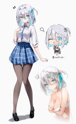 Rule 34 | 1girl, absurdres, black footwear, blue eyes, blue hair, blue necktie, blue ribbon, blue skirt, blush, bra, breasts, brown pantyhose, chibi, cleavage, closed mouth, collared shirt, colored inner hair, grey hair, hair between eyes, hair ribbon, highres, loafers, long sleeves, looking at viewer, medium breasts, medium hair, multicolored hair, multiple views, nanashinayuzu mochi, necktie, one eye closed, one side up, original, pantyhose, plaid, plaid skirt, ribbon, shirt, shoes, simple background, skirt, squiggle, striped necktie, translation request, underwear, white background, white bra, white shirt, yawning
