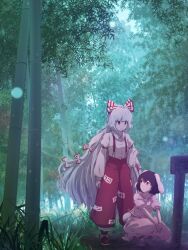 Rule 34 | 2girls, animal ears, bamboo, bamboo forest, black hair, bow, breasts, carrot necklace, collared shirt, day, dress, floppy ears, footwear bow, forest, frilled dress, frills, fujiwara no mokou, grey hair, hair bow, highres, inaba tewi, jewelry, kakera (comona base), long hair, long sleeves, looking at another, looking back, medium hair, multiple girls, nature, necklace, outdoors, own hands together, pants, parted lips, pink dress, rabbit ears, rabbit girl, rabbit tail, red eyes, red footwear, red pants, shirt, shoes, short sleeves, sleeve garter, small breasts, squatting, standing, suspenders, tail, touhou, very long hair, white bow, white shirt, wide shot