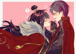 Rule 34 | !, +++, 1boy, 1girl, black gloves, black jacket, blush, border, brown hair, cape, coat, coat on shoulders, collared shirt, gloves, gold trim, hair bun, hetero, holding hands, hug, husband and wife, jacket, library of ruina, long hair, long sleeves, lowell (project moon), msx (mis4xi), necktie, open mouth, pink background, project moon, red cape, red coat, red eyes, red necktie, shirt, simple background, smile, speech bubble, sweat, tassel, upper body, very long hair, white border, white shirt, xiao (project moon)