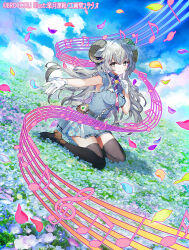 Rule 34 | 1girl, armpit peek, beamed eighth notes, black thighhighs, blue flower, blue shirt, blue skirt, blue sky, boots, breasts, brown footwear, character request, closed mouth, cloud, cloudy sky, collared shirt, commentary request, cross-laced footwear, day, dress shirt, eighth note, field, flower, flower field, grey eyes, grey hair, hair between eyes, high heel boots, high heels, horns, lace-up boots, long hair, medium breasts, musical note, on ground, outdoors, pleated skirt, quarter note, satsuki misuzu, shirt, sitting, skirt, sky, sleeveless, sleeveless shirt, smile, solo, thighhighs, treble clef, very long hair, vividz, wariza