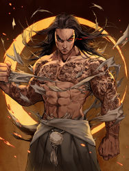 Rule 34 | 1boy, abs, absurdres, arm tattoo, black eyes, black hair, brown background, chest tattoo, clenched hand, furyou michi ~gang road~, highres, long hair, male focus, muscular, muscular male, pectorals, red eyes, redmoon, simple background, standing, tattoo, tearing clothes, torn clothes