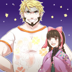 Rule 34 | 1boy, 1girl, bad id, bad pixiv id, barry goodman, beard, blonde hair, blue eyes, blush, bow, brown eyes, brown hair, earrings, facial hair, fire emblem, gloves, hairband, japanese clothes, jewelry, kimono, long hair, lowres, minamoto mamori, nintendo, one eye closed, open mouth, star (symbol), teeth, tokyo mirage sessions fe, twintails