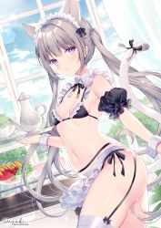 Rule 34 | 1girl, animal ears, apron, bare shoulders, bikini, black bikini, blue sky, blush, bow, bowtie, breasts, cat ears, cat girl, cat tail, closed mouth, cloud, cloudy sky, commentary request, cowboy shot, cup, day, detached collar, detached sleeves, dutch angle, extra ears, food, frilled bikini, frills, fruit, garter belt, groin, highres, holding, holding tray, indoors, maid, maid apron, maid bikini, maid headdress, navel, neck ribbon, original, puffy short sleeves, puffy sleeves, purple eyes, ribbon, short sleeves, side-tie bikini bottom, sidelocks, silver hair, simple background, sky, small breasts, solo, stomach, sunlight, swimsuit, tail, tail ornament, tail raised, tail ribbon, teacup, teapot, thighhighs, thighs, tray, twintails, unconventional maid, waist apron, wasabi (sekai), white thighhighs, window