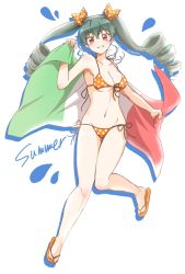 Rule 34 | 10s, 1girl, anchovy (girls und panzer), artist name, bikini, breasts, cleavage, commentary, drill hair, english text, flag print, front-tie bikini top, front-tie top, full body, girls und panzer, grin, hair ribbon, highres, holding, holding towel, italian flag, leg up, long hair, looking at viewer, medium breasts, navel, orange bikini, orange ribbon, parda siko, polka dot, polka dot bikini, polka dot ribbon, print towel, red eyes, ribbon, sandals, side-tie bikini bottom, signature, silhouette, smile, solo, standing, standing on one leg, swimsuit, thigh gap, towel, twin drills, twintails, water drop, white background