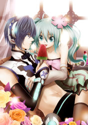 Rule 34 | 1boy, 1girl, aqua eyes, aqua hair, aqua nails, bad id, bad pixiv id, bare shoulders, blue eyes, blue hair, blue nails, character name, colorful x melody (vocaloid), couple, detached sleeves, eye contact, flower, food, girl on top, hair between eyes, hatsune miku, headset, highres, holding, holding food, kaito (vocaloid), kuromayu, licking, long hair, looking at another, midriff, nail polish, navel, parted lips, pink ribbon, popsicle, project diva, project diva (series), project diva 2nd, ribbon, rose, short hair, sleeveless, sleeveless turtleneck, strapless, thighhighs, tongue, turtleneck, twintails, v-neck, vocaloid, watermelon bar, window