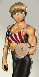Rule 34 | 1girl, american flag, american flag print, armpit hair, biceps, black pants, breasts, brown hair, cessa, commentary, dumbbell, english commentary, exercising, flag print, glasses, green eyes, grey-framed eyewear, kay karska lee, medium breasts, midriff, muscular, muscular female, ombok diving and delivery services, over-rim eyewear, pants, semi-rimless eyewear, shiny skin, short hair, solo, sports bra, standing, stomach, tan, thick thighs, thighs, veins, very short hair, weightlifting, weights, yoga pants