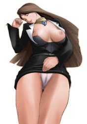 Rule 34 | 1girl, ace attorney, arisawa masaharu, belt, black dress, breasts, breasts apart, brown hair, business suit, bustier, cameltoe, capcom, closed eyes, clothes lift, cowboy shot, crotch, dress, dress lift, fingernails, formal, from above, groin, hand up, head tilt, jewelry, large breasts, long fingernails, long hair, long sleeves, lying, magatama, mature female, mia fey, mole, mole under mouth, necklace, nipple slip, nipples, non-web source, on back, one breast out, open clothes, panties, pantyshot, parted lips, pencil skirt, scarf, short dress, simple background, skirt, sleeping, solo, strapless, suit, thigh gap, thighs, underwear, unzipped, upskirt, very long hair, white background, white panties, zipper