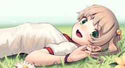 Rule 34 | 1girl, :d, boa (brianoa), brown hair, flat chest, from side, grass, green eyes, hair ornament, happy, highres, ibarazaki emi, katawa shoujo, looking at viewer, looking to the side, lying, on back, on grass, on ground, open mouth, shirt, short sleeves, smile, solo, twintails, watch, white shirt, wristwatch