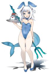 Rule 34 | 1girl, absurdres, animal ear hairband, animal ears, bare legs, bloop (gawr gura), blue bow, blue bowtie, blue eyes, blue footwear, blue hair, blue leotard, blunt bangs, bow, bowtie, breasts, detached collar, fake animal ears, female focus, fins, fish tail, full body, gawr gura, grey hair, hairband, high heels, highres, hololive, hololive english, johnny (braun-kan cafe), leotard, long hair, looking at viewer, medium hair, multicolored hair, pantyhose, playboy bunny, polearm, rabbit ear hairband, rabbit ears, shark, shark girl, shark tail, sharp teeth, side ponytail, simple background, small breasts, smile, solo, standing, streaked hair, tail, teeth, tray, trident, two side up, virtual youtuber, weapon, white background, white pantyhose, wrist cuffs