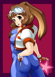 Rule 34 | 1girl, animal ears, ass, bodysuit, breasts, brown eyes, brown hair, rabbit ears, cropped jacket, covered erect nipples, fingerless gloves, from behind, gloves, goggles, goggles on head, looking at viewer, makihara arina, open mouth, short hair, smile, solo, spandex, waku waku 7
