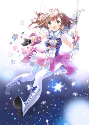 Rule 34 | 1girl, boots, brown eyes, brown hair, flower, looking at viewer, microphone, open mouth, original, scarf, short hair, skirt, smile, snowflakes, solo, thighhighs, tiv, white thighhighs