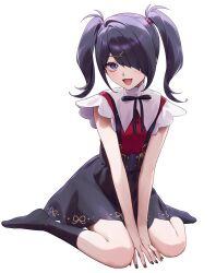 Rule 34 | 1girl, :d, absurdres, akabino, ame-chan (needy girl overdose), between legs, black hair, black nails, black ribbon, black skirt, black socks, blush, collar, collared shirt, commentary request, full body, hair ornament, hair over one eye, hair tie, hairclip, hand between legs, heart, highres, looking at viewer, multicolored nails, neck ribbon, needy girl overdose, open mouth, purple eyes, red nails, red shirt, ribbon, shirt, shirt tucked in, sitting, skirt, smile, socks, solo, suspender skirt, suspenders, twintails, wariza, white collar, x hair ornament
