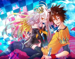 Rule 34 | 10s, 1boy, 1girl, :d, abstract background, akamimi, black serafuku, brother and sister, brown hair, chess piece, crown, expressionless, gradient hair, king (chess), long hair, multicolored hair, no game no life, off shoulder, open mouth, orange eyes, pants, school uniform, serafuku, shiro (no game no life), shirt, short hair, siblings, sitting, sitting on person, smile, sora (no game no life), t-shirt, thighhighs, very long hair, white hair, wristband, zettai ryouiki