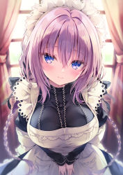 Rule 34 | 1girl, alternate costume, apron, blue eyes, blush, breasts, curtains, enmaided, frills, hands on lap, highres, indoors, large breasts, long skirt, long sleeves, looking at viewer, looking up, maid, maid headdress, medium hair, original, pink hair, pocket, rubi-sama, shirt, skirt, smile, standing, tight clothes, tight shirt, window
