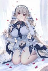 Rule 34 | 1girl, absurdly long hair, absurdres, azur lane, bow, breasts, bridal gauntlets, choker, cleavage, clothing cutout, dress, dress bow, dress flower, feather dress, formidable (azur lane), formidable (timeless classics) (azur lane), full body, grey hair, headdress, highres, honnou (kjs9504), kneeling, large breasts, long hair, looking at viewer, navel cutout, official alternate costume, on bed, petals, sleeveless, sleeveless dress, solo, twintails, very long hair, white dress