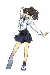 Rule 34 | 1girl, arm up, blue skirt, collared shirt, contrapposto, full body, long sleeves, looking back, michael f91, ponytail, school uniform, serafuku, shirt, shoes, simple background, skirt, sneakers, solo, standing, white background, white shirt