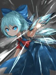 Rule 34 | 1girl, arm up, blue eyes, blue hair, blue skirt, blue vest, cirno, commentary, cowboy shot, danmaku, furrowed brow, gradient background, grey background, hair between eyes, hair ribbon, highres, ice, kayon (touzoku), leaning forward, light frown, looking at viewer, neck ribbon, open hand, puffy short sleeves, puffy sleeves, red ribbon, ribbon, serious, shirt, short hair, short sleeves, skirt, solo, standing, touhou, vest, white shirt, wings