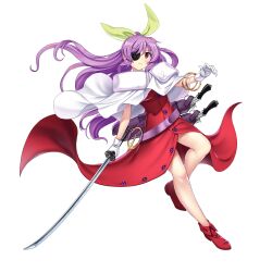 Rule 34 | 1girl, belt, capelet, closed mouth, eyepatch, full body, game cg, gloves, hair ribbon, highres, holding, holding sword, holding weapon, long hair, looking at viewer, ponytail, purple eyes, purple hair, red footwear, ribbon, rotte (1109), simple background, solo, sword, third-party source, touhou, touhou lostword, watatsuki no yorihime, watatsuki no yorihime (peace temple of modesty and devotion), weapon, white background, white capelet, white gloves, yellow ribbon