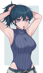 Rule 34 | 1girl, alternate hairstyle, armpits, arms up, artist name, bare arms, bare shoulders, blue eyes, blue hair, breasts, byleth (female) (fire emblem), byleth (fire emblem), commentary request, fire emblem, fire emblem: three houses, hair between eyes, highres, large breasts, nintendo, ponytail, shimizu akina, sleeveless, solo, turtleneck, twitter username, upper body