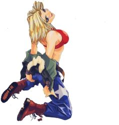Rule 34 | 1girl, bare shoulders, belt, blonde hair, blue eyes, blue mary, boots, breasts, fingerless gloves, fur, gloves, halterneck, jacket, large breasts, midriff, snk, the king of fighters