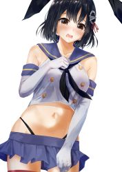 Rule 34 | 1girl, alternate costume, black hair, black neckerchief, black panties, blush, breasts, brown eyes, collarbone, cosplay, cowboy shot, crop top, elbow gloves, embarrassed, gloves, haguro (kancolle), hair ornament, hairband, highleg, highleg panties, highres, kantai collection, konkito, looking at viewer, medium breasts, microskirt, navel, neckerchief, open mouth, panties, sailor collar, shimakaze (kancolle), shimakaze (kancolle) (cosplay), short hair, skirt, skirt hold, solo, tearing up, tears, thighs, underwear, white gloves