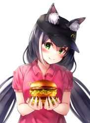 Rule 34 | 1girl, animal ear fluff, animal ears, big mac, black hair, blush, bread bun, burger, fang, food, green eyes, hat, highres, holding, holding food, karyl (princess connect!), lettuce, logo, mcdonald&#039;s, multicolored hair, parted lips, princess connect!, red shirt, sharp teeth, shirt, short sleeves, sidelocks, smile, solo, teeth, transparent background, twintails, two-tone hair, upper body, vangee, white background, white hair