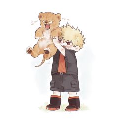 Rule 34 | 1boy, animal, aqistory, bakugou katsuki, black footwear, black shirt, black shorts, blank eyes, blonde hair, boku no hero academia, boots, commentary, english commentary, full body, grass, growling, highres, holding, holding animal, lion, lion cub, male focus, open clothes, open mouth, open shirt, orange shirt, pawpads, red eyes, shirt, short hair, shorts, simple background, spiked hair, standing, white background