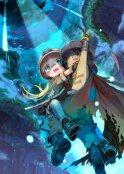Rule 34 | 1boy, 1girl, blonde hair, boots, cape, carrying, cloud, commentary request, floating hair, glasses, gloves, green eyes, helmet, highres, light rays, low twintails, made in abyss, mikazuki akira!, nature, night, open mouth, pants, regu (made in abyss), riko (made in abyss), scenery, shaded face, sky, teeth, tongue, twintails, upper teeth only, whistle, yellow eyes