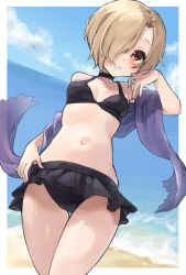 Rule 34 | 1girl, bare shoulders, beach, bikini, black bikini, blonde hair, blue sky, blush, breasts, cleavage, closed mouth, cloud, collarbone, cowboy shot, day, dot nose, frilled bikini, frills, hair over one eye, hand on own face, hand up, highres, idolmaster, idolmaster cinderella girls, idolmaster cinderella girls starlight stage, looking at viewer, navel, ocean, outdoors, purple shawl, red eyes, saba suzuki, see-through shawl, shawl, shirasaka koume, short hair, sky, small breasts, smile, solo, swimsuit