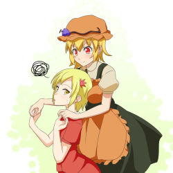 Rule 34 | 2girls, aki minoriko, aki shizuha, blush, cato (monocatienus), commentary request, food, fruit, grapes, hair ornament, holding hands, hat, leaf hair ornament, multiple girls, puffy short sleeves, puffy sleeves, red eyes, short hair, short sleeves, siblings, simple background, sisters, smile, squiggle, touhou, v-shaped eyebrows, yellow eyes