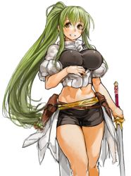 Rule 34 | 1girl, belt, bike shorts, breasts, female focus, green eyes, green hair, grin, holding, holding sword, holding weapon, large breasts, long hair, looking at viewer, matching hair/eyes, midriff, navel, original, ponytail, sachito, simple background, smile, solo, sumi-chan (sachito), sword, thick thighs, thighs, underbust, very long hair, weapon, white background, yellow eyes