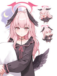 Rule 34 | &lt;|&gt; &lt;|&gt;, 1girl, black dress, black wings, blue archive, blush, body markings, brushing teeth, chibi, closed eyes, closed mouth, collarbone, commentary request, cup, ddungddang, dress, feathered wings, halo, highres, holding, holding cup, holding toothbrush, hugging object, koharu (blue archive), korean commentary, long hair, long sleeves, looking at viewer, low wings, multiple views, open mouth, pillow, pillow hug, pink eyes, pink hair, pink halo, simple background, tearing up, toothbrush, toothbrush in mouth, twintails, white background, winged halo, wings