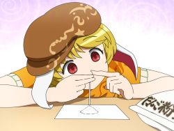 Rule 34 | 1girl, animal ears, blonde hair, rabbit ears, commentary request, drinking straw, drugs, face, flat cap, floppy ears, hat, orange shirt, red eyes, ringo (touhou), shirosato, shirt, solo, touhou, you&#039;re doing it wrong