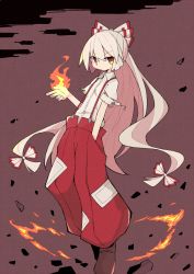 Rule 34 | 1girl, asameshi, baggy pants, bow, brown background, brown footwear, commentary, fire, fujiwara no mokou, full body, hair bow, hand in pocket, hand up, highres, long hair, looking at viewer, ofuda, ofuda on clothes, orange eyes, pants, red bow, red pants, shirt, solo, suspenders, torn clothes, torn sleeves, touhou, white hair, white shirt