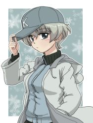 Rule 34 | 1girl, adjusting clothes, adjusting headwear, baseball cap, blue background, blue eyes, blue hat, blue jacket, border, closed mouth, coat, commentary request, drawstring, frown, girls und panzer, grey hair, hand in pocket, hat, hood, hooded coat, jacket, keizoku military uniform, long sleeves, looking at viewer, military, military uniform, open clothes, open coat, outside border, partial commentary, raglan sleeves, short hair, snowflake background, solo, spoilers, standing, takahashi kurage, track jacket, uniform, upper body, white border, white coat, youko (girls und panzer)